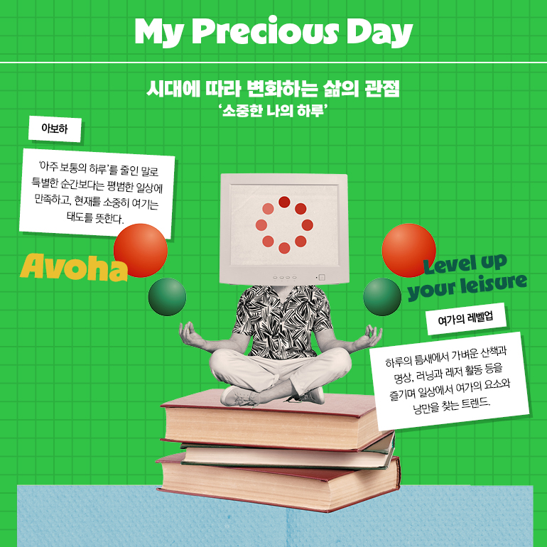 My Precious Day 시대에 따라 변화하는 삶의 관점 소중한 나의 하루 아주 보통의 하루를 줄인 말로 특별한 순간보다는 평범한 일상에 만족하고, 현재를 소중히 여기는 태도를 뜻한다. Avoha Level up your leisure 여가의 레벨업 하루의 틈새에서 가벼운 산책과 명상, 러닝과 레저 활동 등을 즐기며 일상에서 여가의 요소와 낭만을 찾는 트렌드